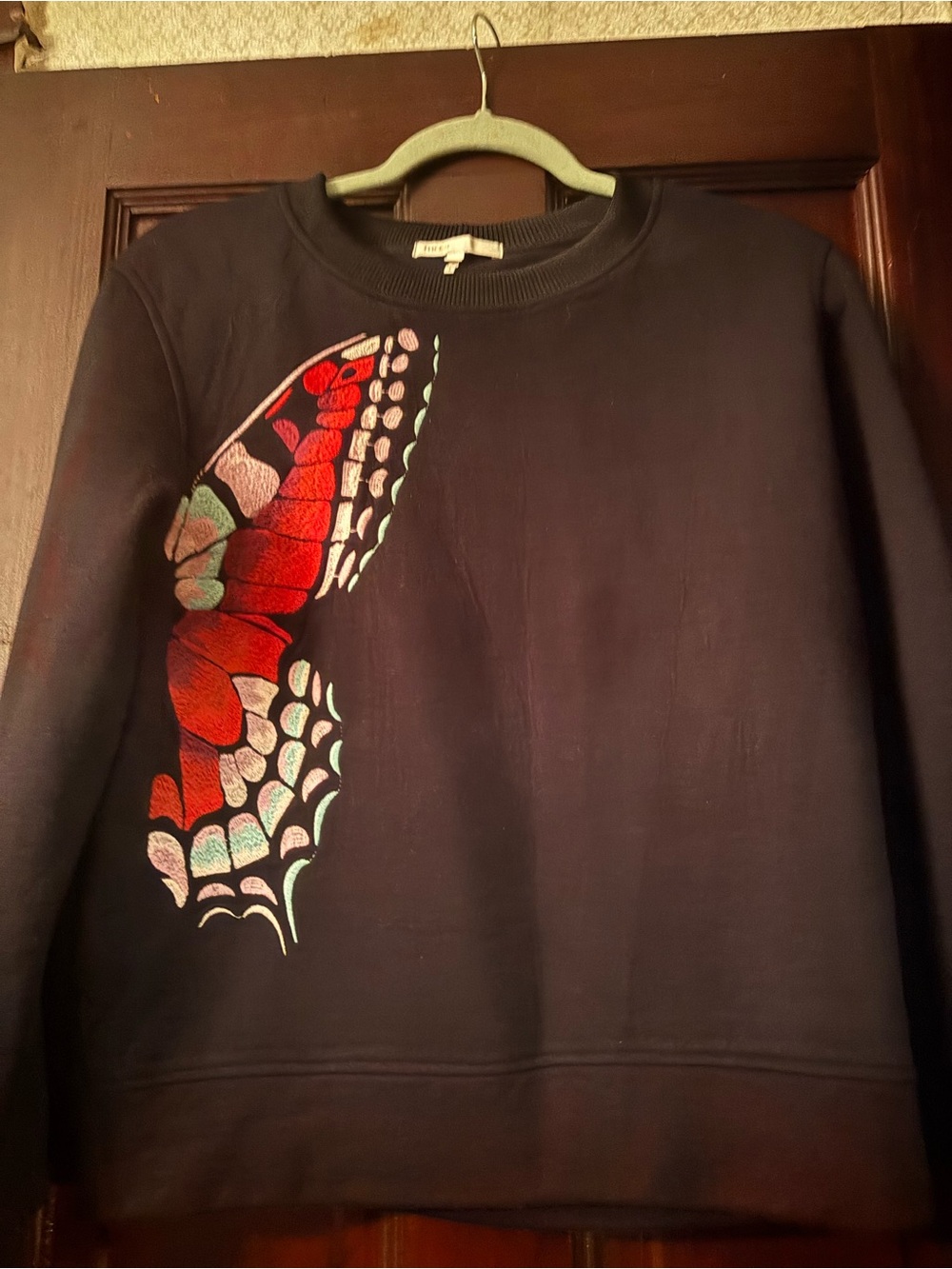 Maje Black Crewneck Sweater with Red Butterfly Wing